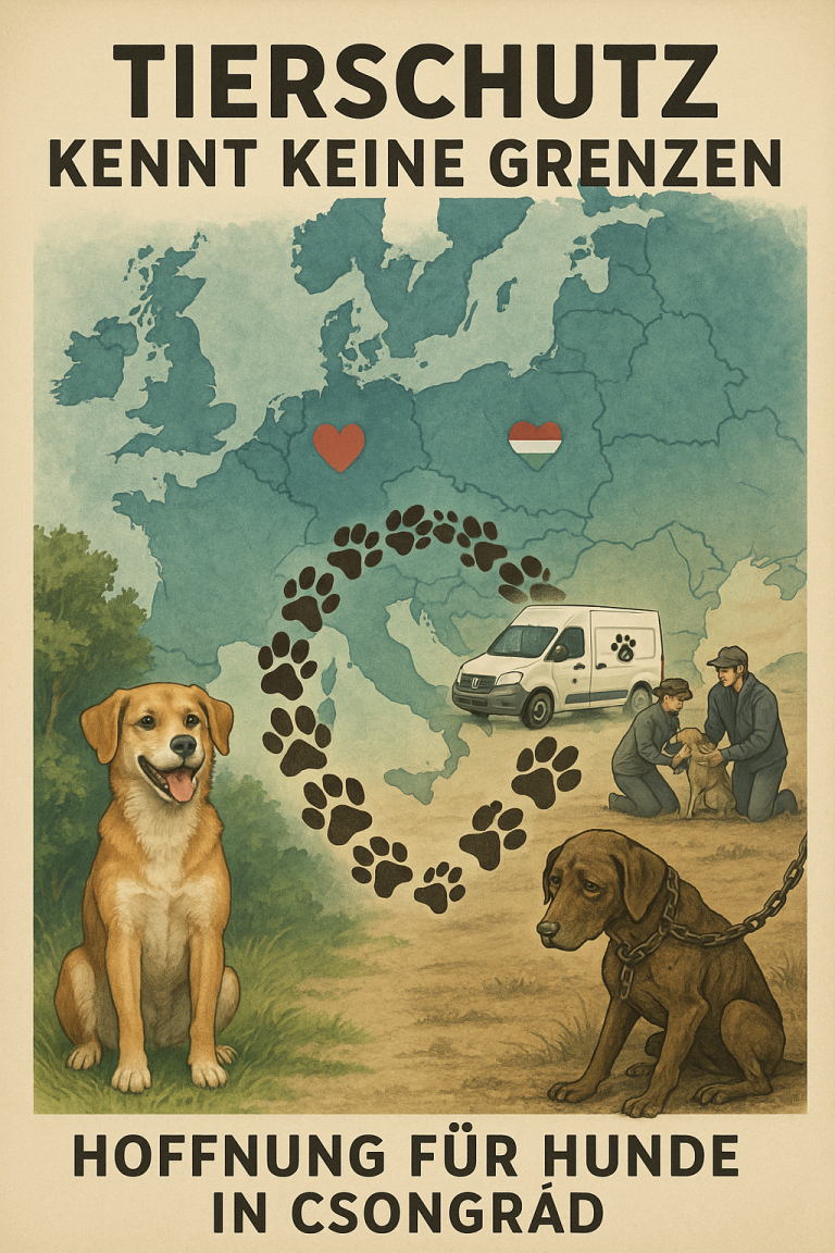 Tierschutz-Poster mit Hunden, Herzsymbol und einer Karte von Csongrád.