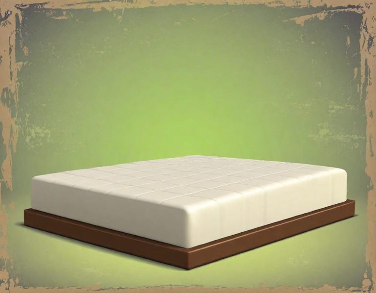 Ein schlichtes, modernes Bett mit einer hellen Matratze auf einem dunklen Holzrahmen.